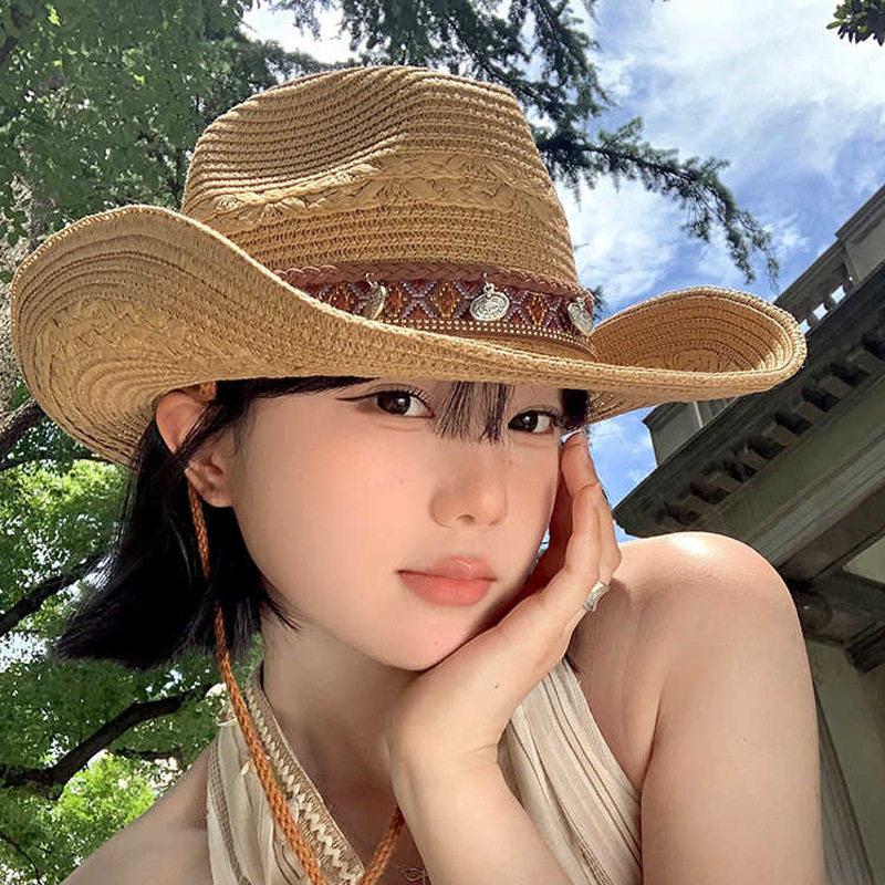 民族风草编帽子女款西部牛仔帽西川旅行拍照防晒遮阳帽夏季大沿帽