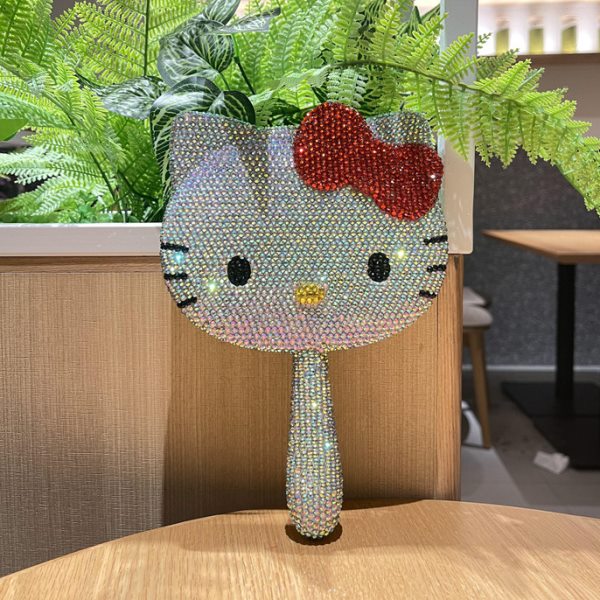 手工制作镶钻便携镜卡通猫可爱猫化妆镜镜子女款时尚KT猫手柄镜