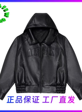 AFGK2023FW带帽皮夹克新款连帽外套，秋冬季美式复古黑色皮衣
