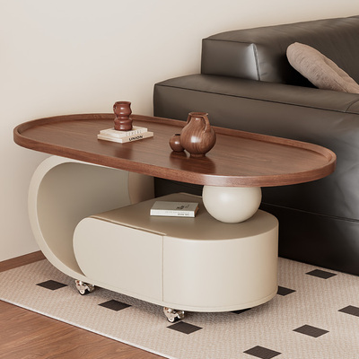 中古风实木椭圆形可移动茶几