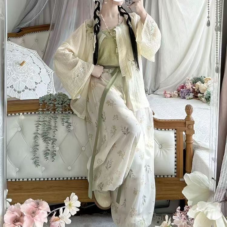 女古灵精怪灯笼裤圆领衫改良款夏款三件套日常套装新中式雪纺裙裤