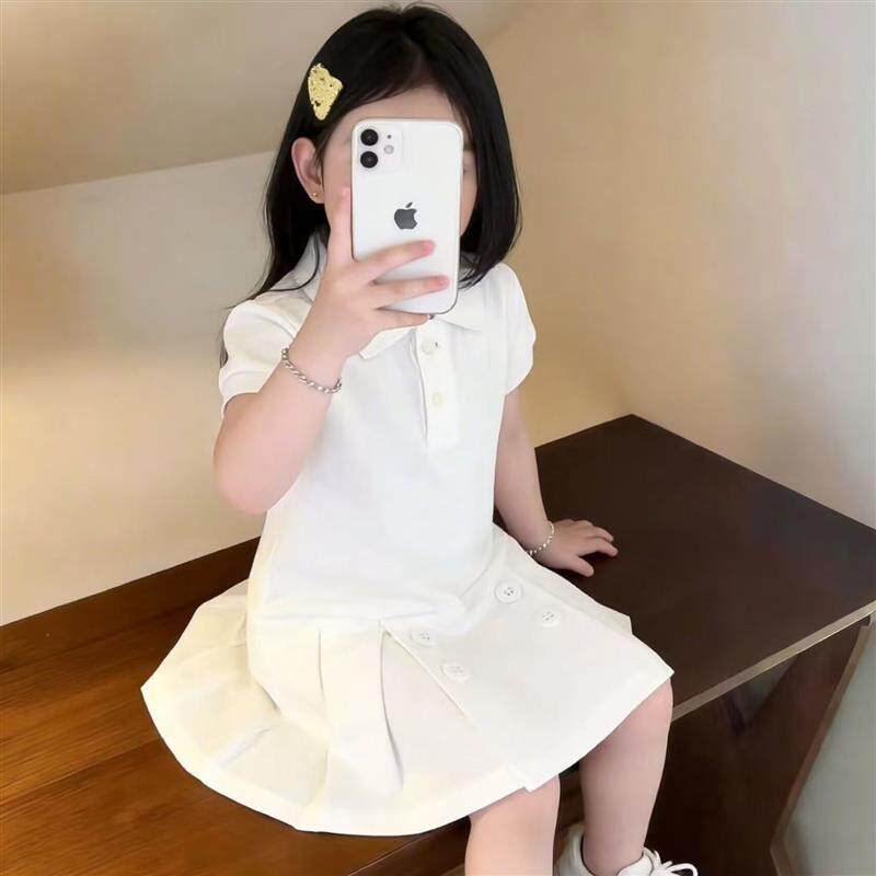 女童连衣裙2026夏季新款女孩韩系百搭Polo领衬衫裙宝宝休闲百褶裙