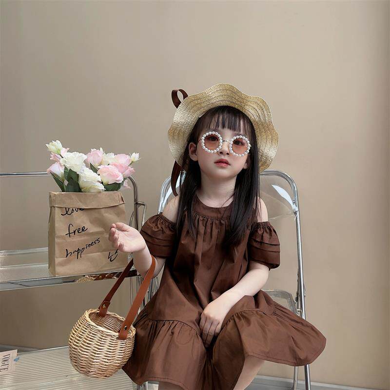 新品女童裙子洋气漏肩泡泡袖纯色吊带领公主纯棉连衣裙2025夏装潮
