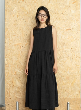 NOD NOT NO后背镂空系带无袖宽松百褶长款连衣裙