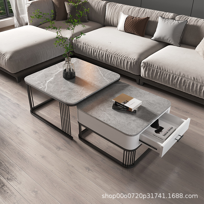 欧式岩板茶几客厅轻奢字母小户型家用组合伸缩折叠小桌子时尚意式
