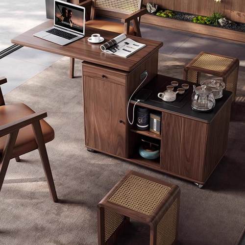 新中式覆古家用小户型移动茶台2025新款阳台旋转实木泡茶桌椅