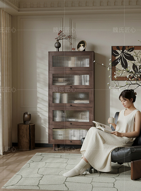 中古风书架置物架实木落地书柜防尘法式复古家用客厅展示柜高窄柜