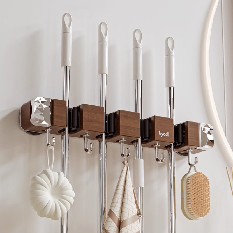 吸盘拖把夹木纹免打孔拖把架挂钩卫生间浴室拖把置物架扫把壁挂夹