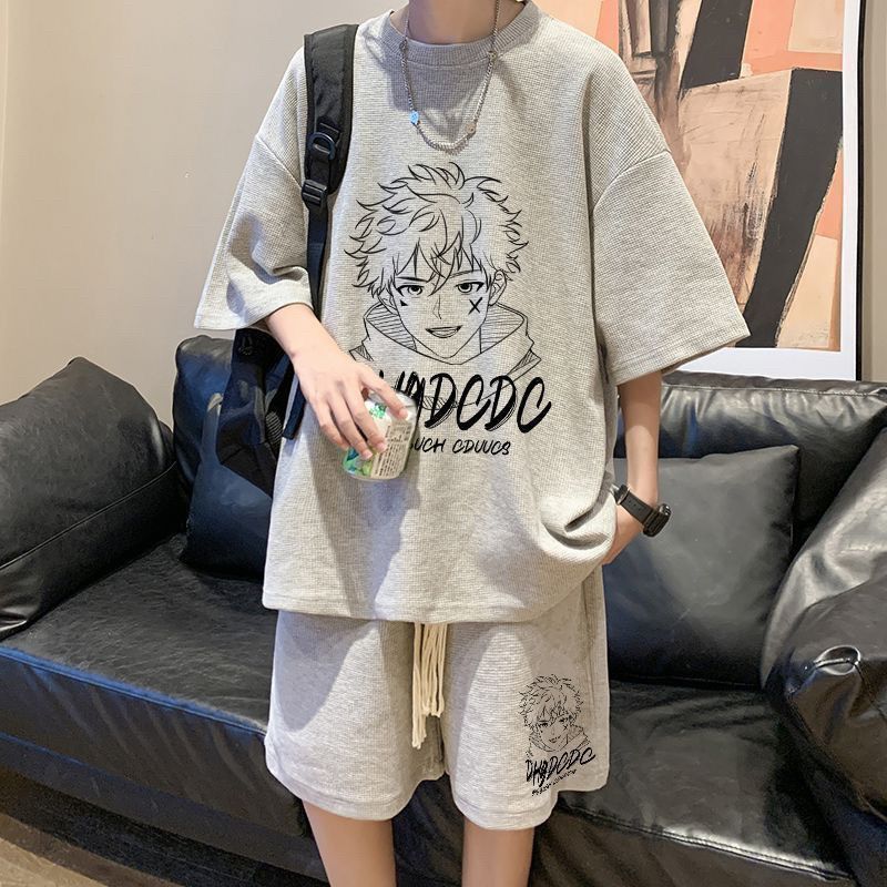 夏季港风华夫格套装男装青少年夏季休闲运动服短裤短袖T恤俩件套