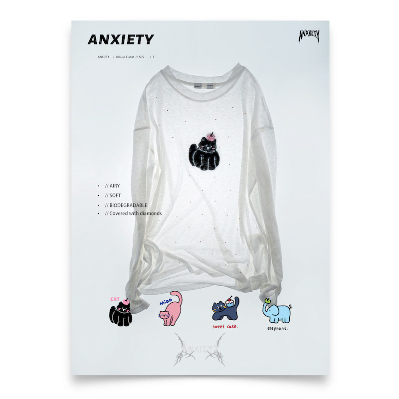 ANXIETY 卡通联名系列 彩钻 星空满钻 圆领长袖宽松T恤罩衫女