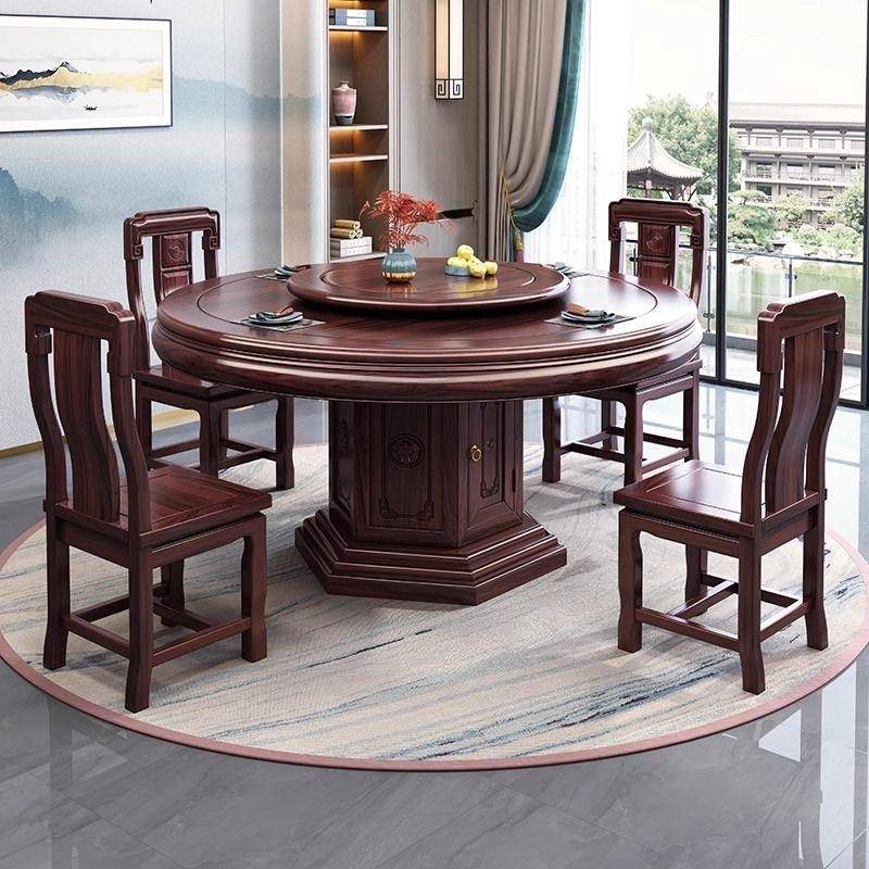 奢新中式澳洲酸枝木餐桌椅组合家用实带转盘仿古轻圆桌餐TC-906#