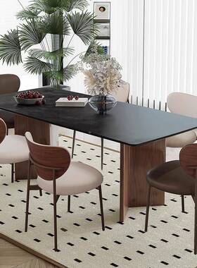 中古风实木纯餐黑岩板胡桌复古风黑桃色意式95648餐诧寂风桌长方