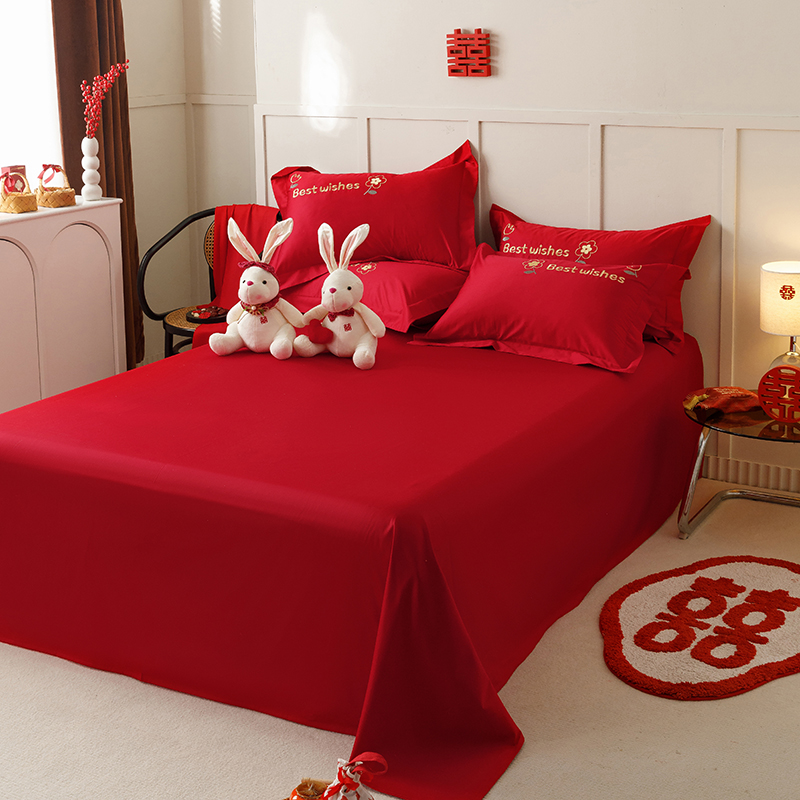 极速全棉结婚四件套可爱兔子新婚庆床上用品O大红婚房陪嫁床单被