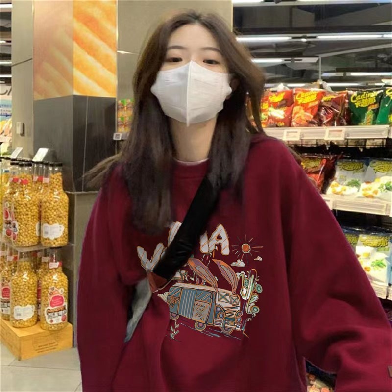 极速黑色无帽圆领oversize加绒卫衣加绒加厚2023U早秋新款上衣女