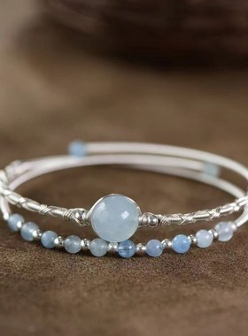 速发天然海蓝宝双圈手镯手环手链手饰复古时尚女款礼物简约轻奢