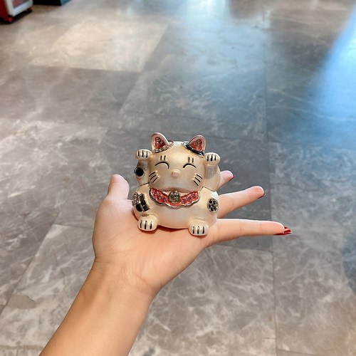 新品创意猫咪收纳小摆件q车载镶钻轻奢客厅汽车装饰招财猫开业送