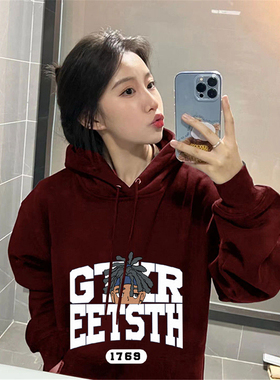 极速红色连d帽宽松卫衣女2022新款春秋冬季加绒加厚美式复古长袖