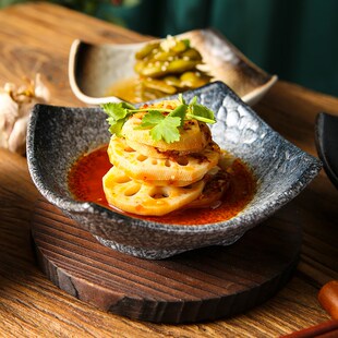 极速日式侘寂风料理复古茶点碟餐具B餐具四角盘子凤爪碟KTV足浴小