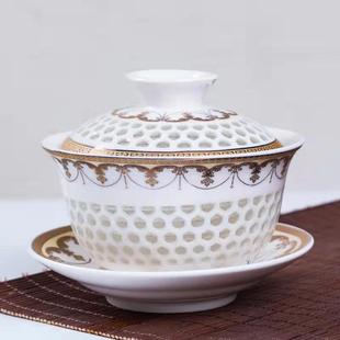 冰晶蜂巢玲珑陶瓷茶具整套镂空金线功夫茶碗盖碗茶杯套装厂价
