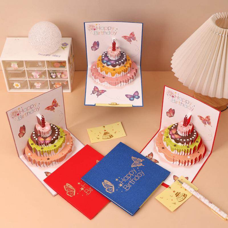 跨境彩色手工立体生日贺卡留言祝福蝴蝶蛋糕卡片3D贺卡厂家