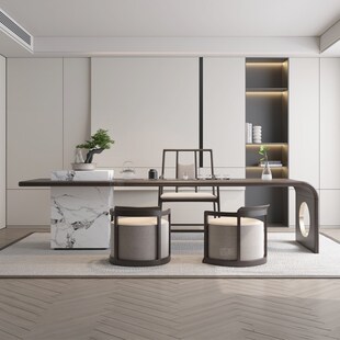 意式 新中式 岩板茶桌椅 茶室实木办公茶桌设计师家具 轻奢茶台家用