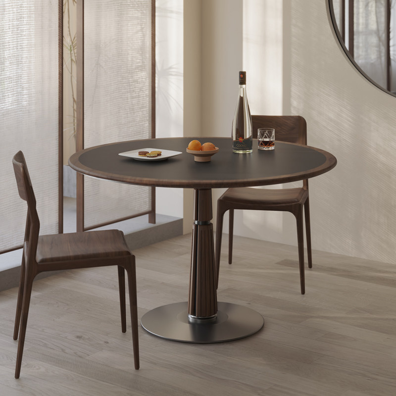 黑胡桃木岩板餐桌原木小户型轻奢桌子复古家用实木圆桌餐桌椅组合