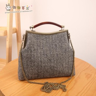 钥钥手工 拎手口金包DIY材料包 免裁免熨灰色人字羊毛呢20云胶高款