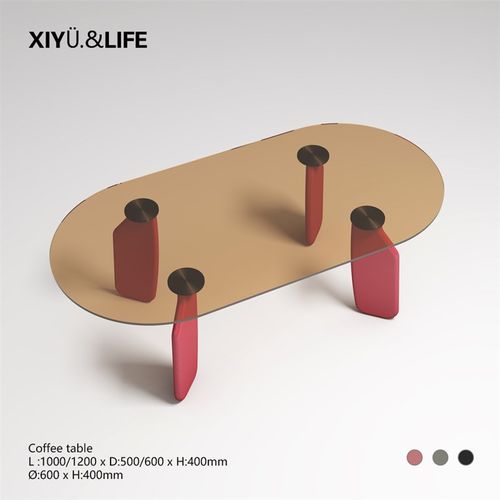 西榆家居轻奢极简彩色钢化玻璃茶几实木柱脚小户型客厅茶几椭圆