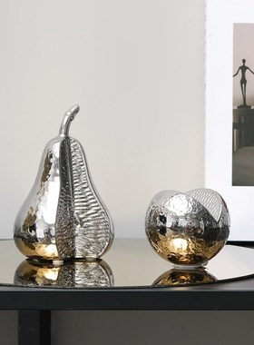 金色银色轻奢电镀陶瓷梨子橘子仿真水果样板房厨房桌面装饰品摆件