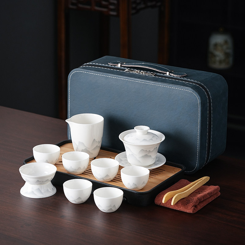 羊脂玉旅行茶具套组陶瓷泡茶壶盖碗白瓷茶杯高档可携式外出携带包