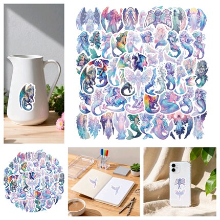 50张卡通可爱梦幻天使美人鱼创意ins风贴纸彩色卡通装饰笔记本电脑手机壳电梯门汽车DIY手账防水无痕不留胶贴