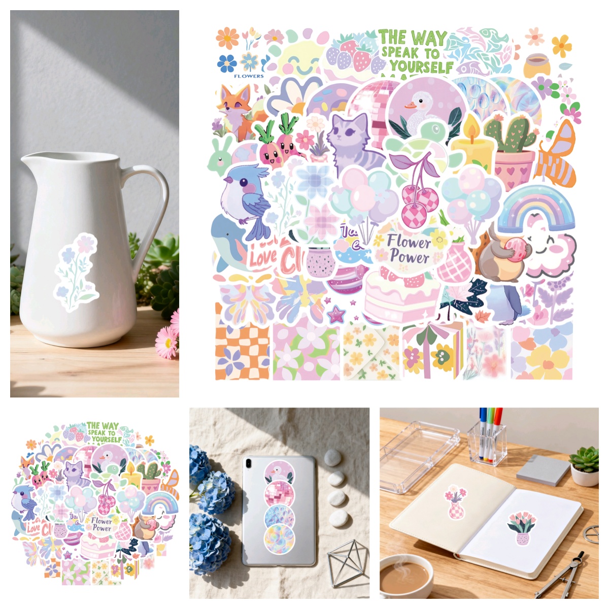 50张多款可爱小清新粉彩花卉动物涂鸦少女心贴纸行李箱电脑水杯手机壳吉他音箱防水贴头盔桌面装饰DIY高品质