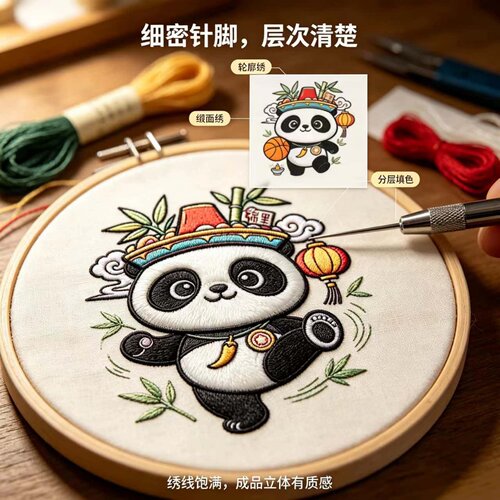 成都熊猫火锅竹叶水溶刺绣贴纸画