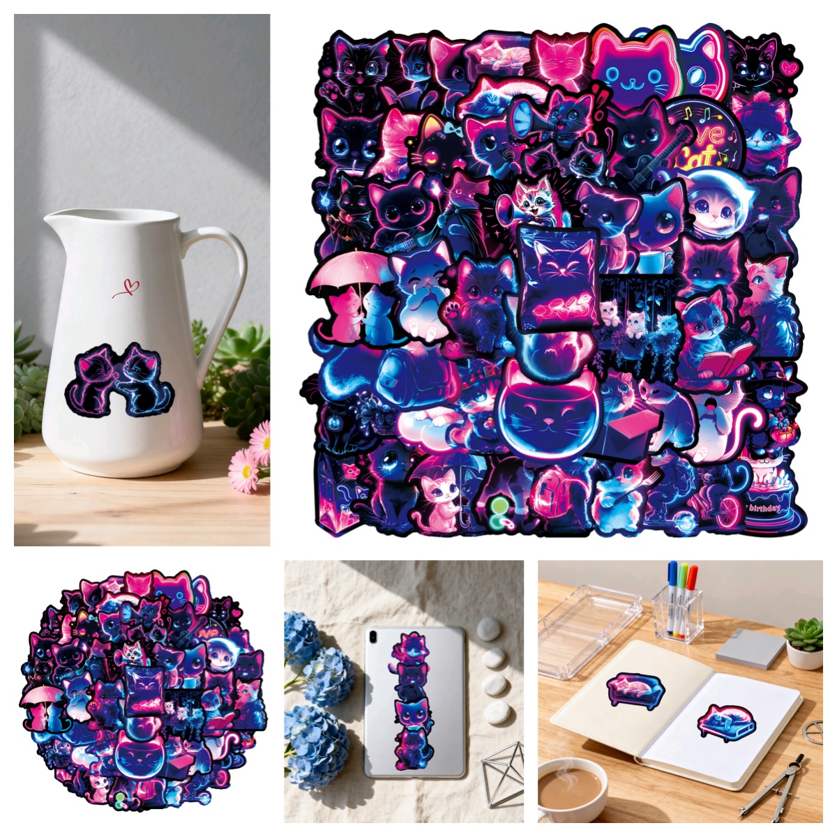 可爱霓虹独角兽猫猫涂鸦小图案