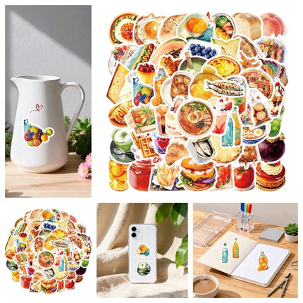56张趣味美味食物贴纸美味食物防水画蛋糕鱼虾装饰行李箱笔记本电脑手机壳滑板手账保温杯创意DIY头盔立体贴