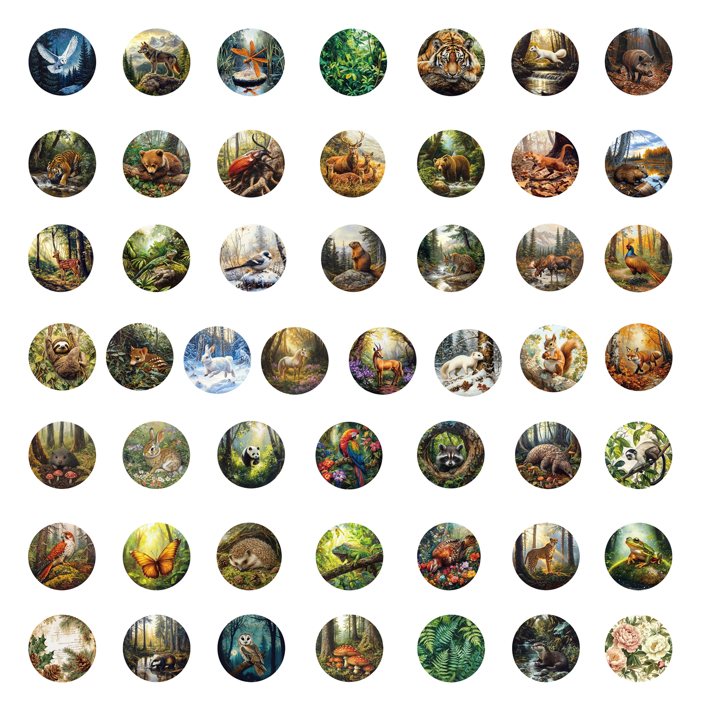 50张多款复古风玻璃球原始森林动物主题圆形贴纸可家居行李箱水杯笔记本防水不干胶个性 ins风环保无异味贴纸
