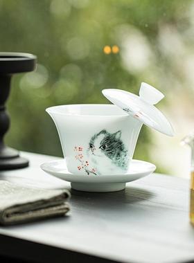 才可悬停冰种玉瓷纯手绘墨瓷mmxm猫寻梅三盖釉下彩高白防烫手茶碗