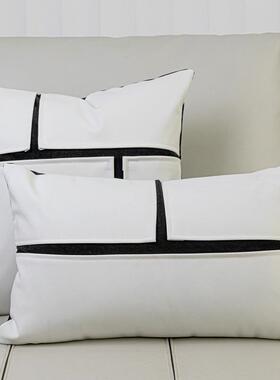 现酒代轻奢样间CZU软装抱枕沙发板靠垫白色皮革拼贴腰枕店民靠枕