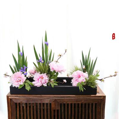 剑山铁艺小原流写花器景插花艺术长方形黑盘托盘NRT带孔铁色不锈