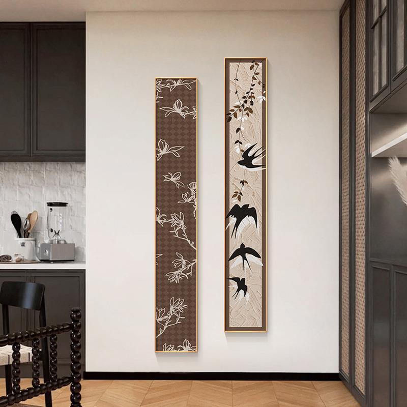 中古风花鸟入户玄小关装饰画众竖细长条挂版廊画艺术感走过道JK10