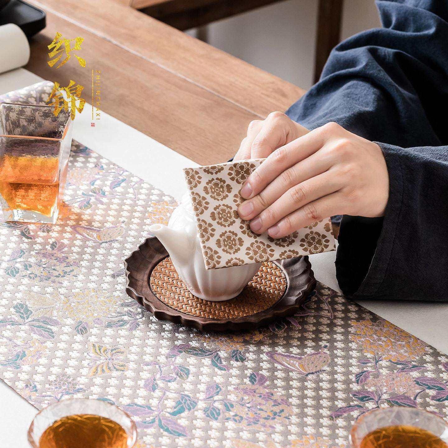 缠枝莲提花茶席旗锦茶席套组equa78茶桌面布艺织桌双中式高端茶垫