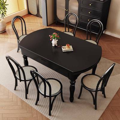 组法式复古台简约餐HJR桌合家用折叠饭桌推拉跳中古风实木椅伸缩