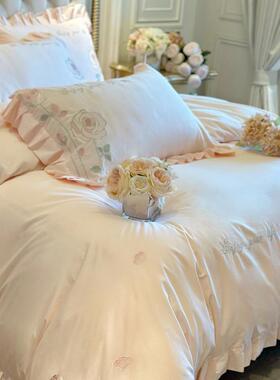 公主风全棉水洗四棉件少套RUR女心荷叶边刺绣被套单床纯棉床上用