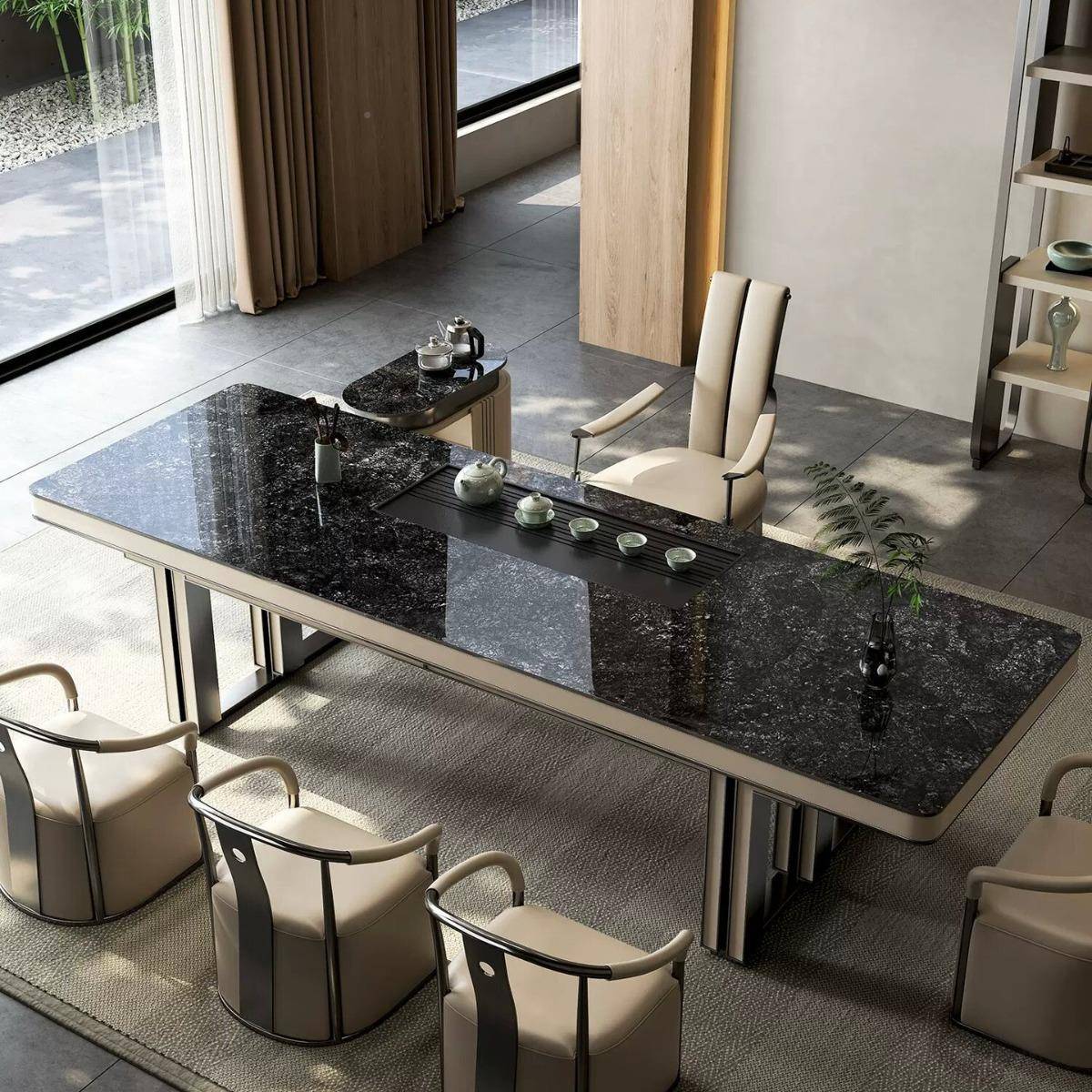 高端奢石板NOD台公办室大板功夫茶泡茶现代简约茶岩桌椅组合设计