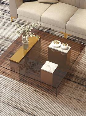 式极轻奢茶几设计师不锈钢方意形玻璃茶桌RGX现简代简约厅高端家