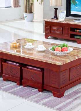 现代约天简IQL然大理石茶几家电视柜组新款客厅用多功能带储合物