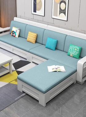 白色实木沙发组UOZ合布艺床发简沙小约户型冬夏两用储物客厅木质