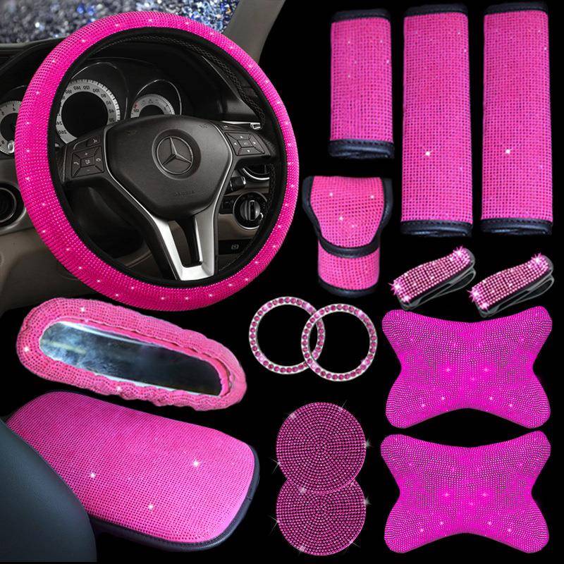 汽车方向盘套钻护肩套烫钻满红盘色镶钻装方向套头枕252饰女士亚