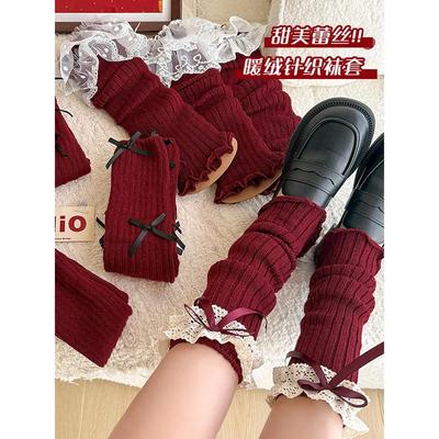 红色蝴蝶结花边袜套女针织秋冬季甜美中筒袜圣诞节显瘦堆堆小腿套