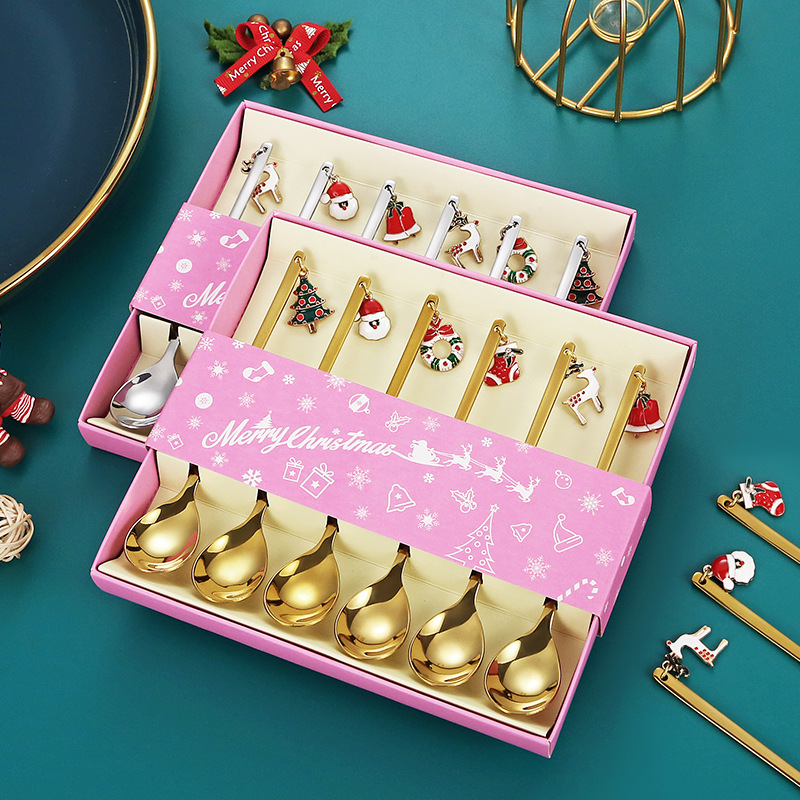 圣诞勺子套装创意不锈钢小勺子礼品盒圣诞礼物吊坠咖啡甜品勺